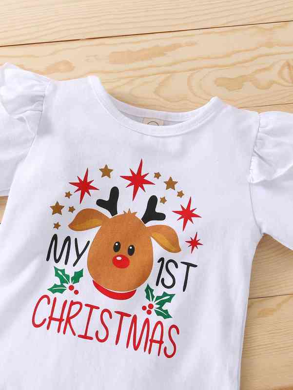 Baby Christmas & Letter Graphic Ruffle Trim Bodysuit & Skirt & Leg Warmer SHE