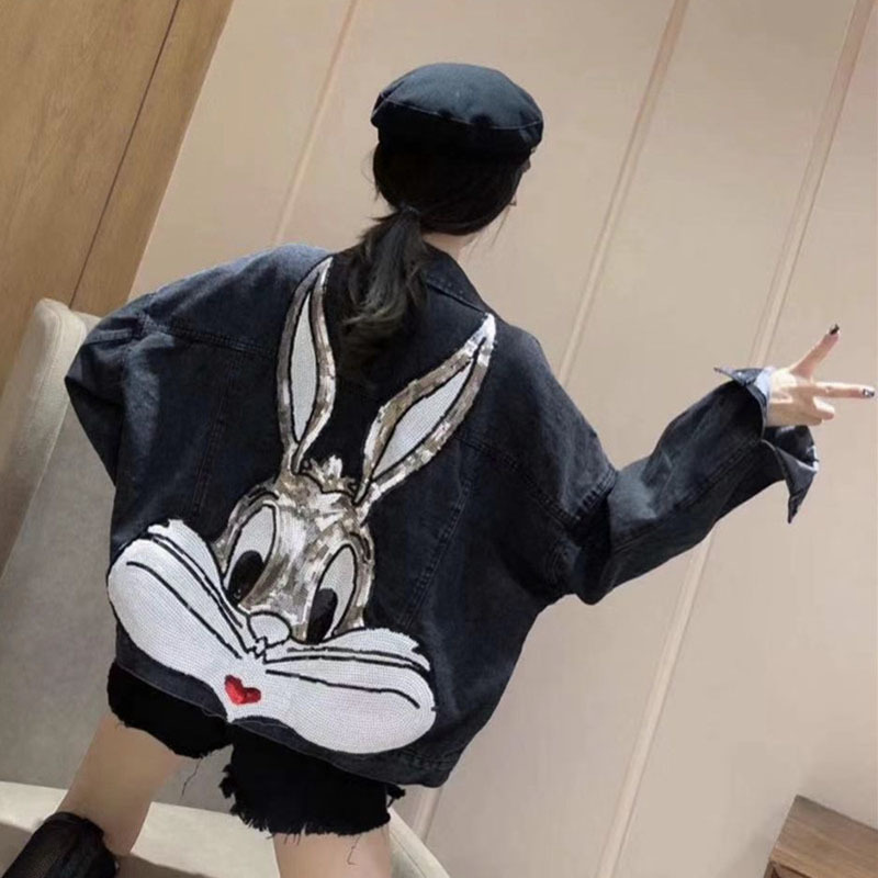 GCAROL Cartoon Sequined Oversized Denim Jacket Bling Bling Loose Preppy Style Embroidered Short Coat Character Outfits 4 season 201017