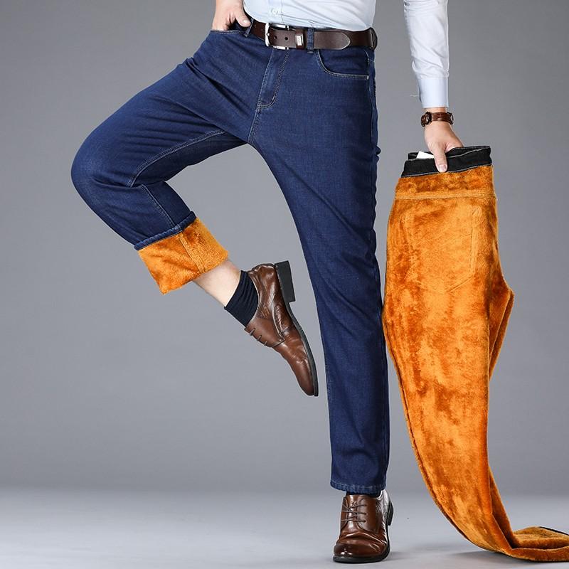 2021 Winter Men's Warm And Thick Fleece Business New Stretch Cotton Men's Business Straight-leg Jeans Classic Style Jeans, Black