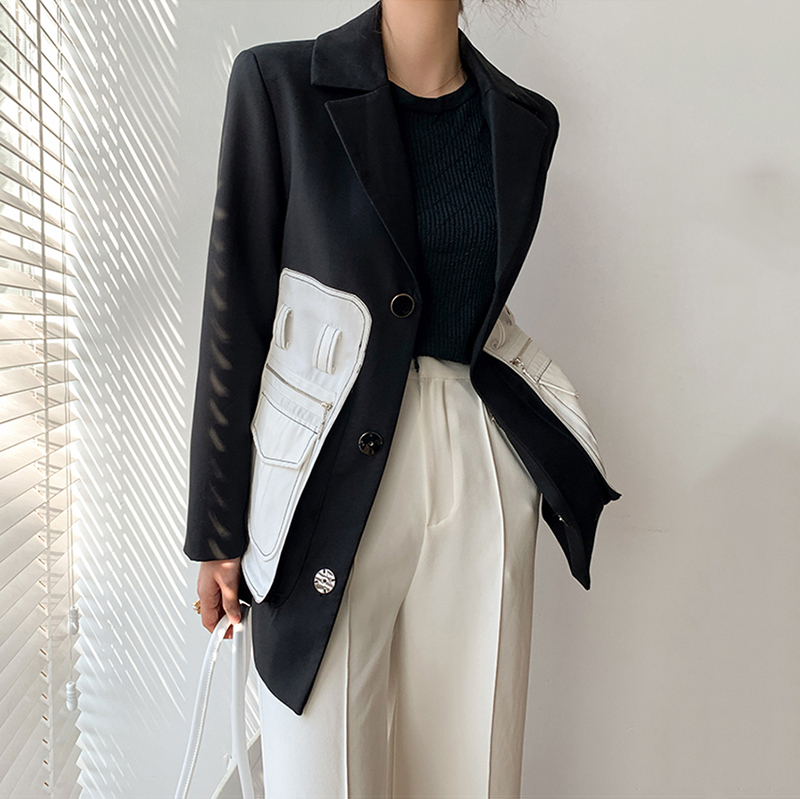 [EAM] Women Black Pocket Split Joint Blazer New Lapel Long Sleeve Loose Fit Jacket Fashion Tide Spring Autumn 1X582 201201