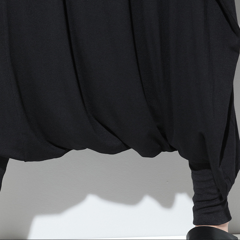 EAM Spring Autumn High Elastic Waist Black Big Size Brief Loose Cross-pants Women Trousers Fashion JL3 201228