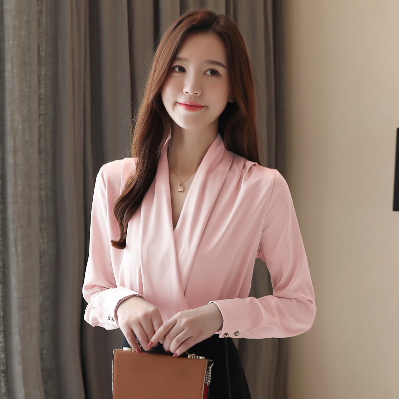 Autumn Korean Fashion Silk Satin Solid Womens Tops and Blouses Plus Size XXL Pink Long Sleeve Women Shirts T200502