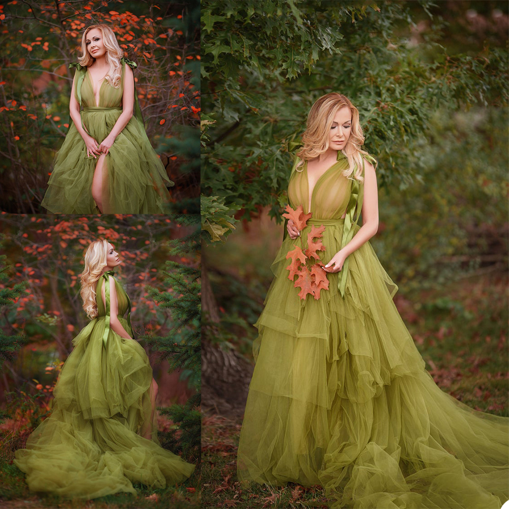 Hunter Green Ruffles Women Winter Luxury Kimono Pregnant Party Sleepwear V Neck Cheap Maternity Photoshoot Dress For baby Shower