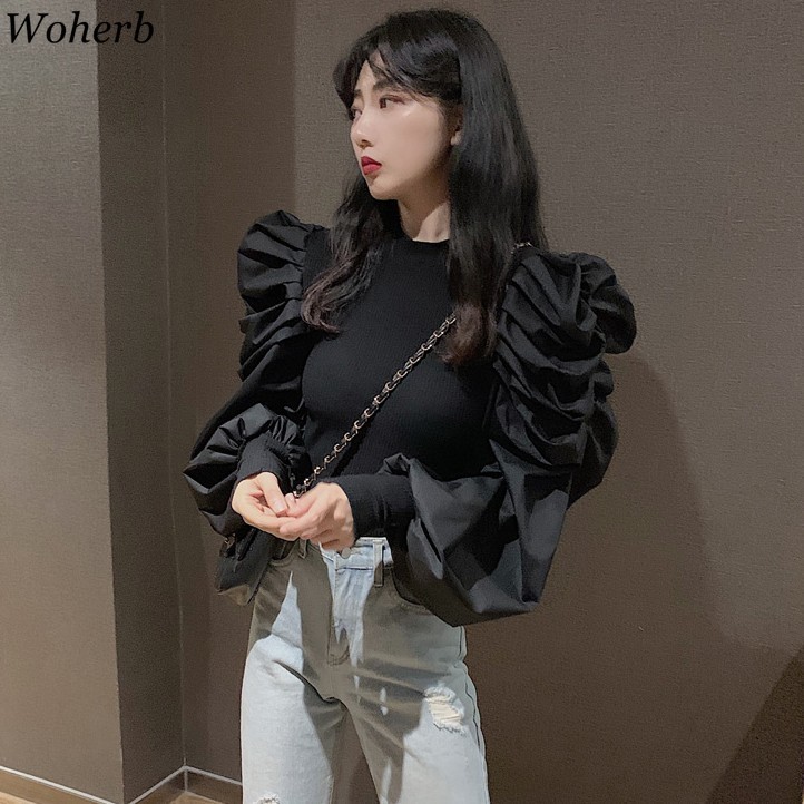 Woherb Korean Fashion Black Pullovers Half Turtleneck Long Puff Sleeve Jumpers Solid Patchwork Slim Sweater Women Autumn New 201223