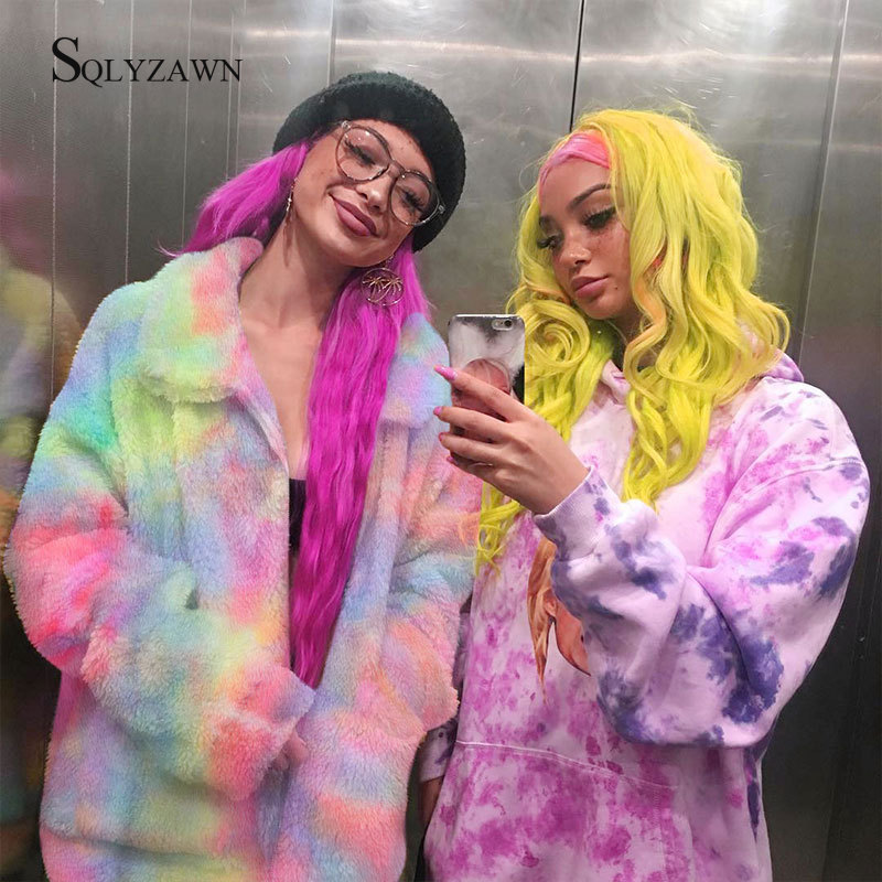 Women Oversized Rainbow Fuzzy Long Sleeve Coat Fall Winter Gothic Iridescent Camouflage Fleece Bomber Jacket Harajuku Outerwear 201127