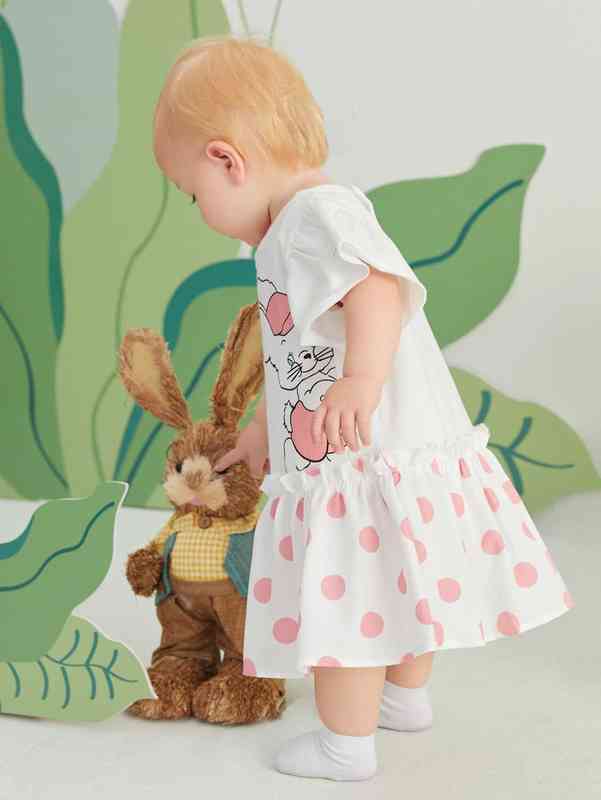 Baby Polka Dot & Cartoon Graphic Ruffle Trim Frilled Smock Dress SHE
