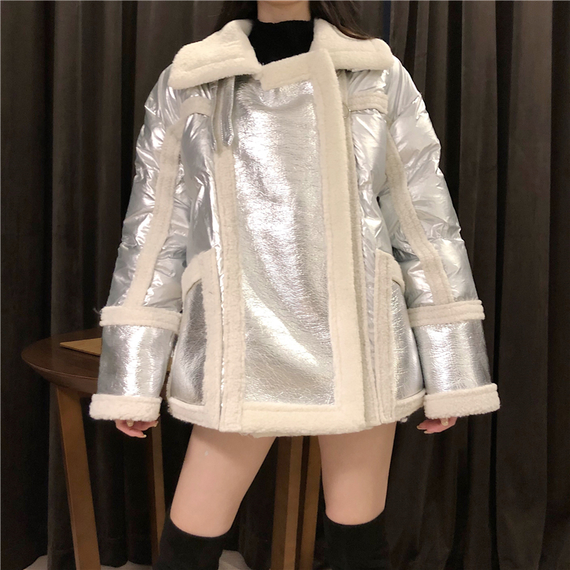 PERHAPS U Women Black Pink Silver Cotton Glossy Patchwork Lambswool Teddy Coat Turn Down Collar Zipper Pocket Coat Winter C0423 201019