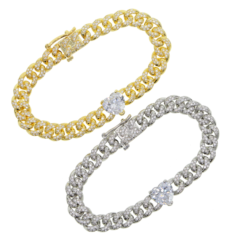 Cuban chain Link Miami Gold color Bracelet white cz paved heart charm Hip Hop Fashion Punk braclet bangle Jewelry for lady women T200423