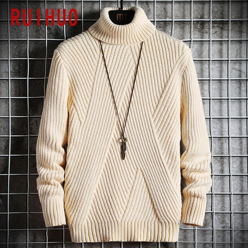 RUIHUO Winter Solid Pullover Turtleneck Men Clothing Turtle Neck Coats High Collar Knitted Sweater Korean Man Clothes M-2XL 201203