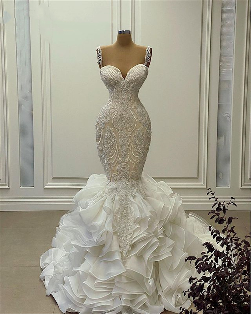 Luxury Crystals Beaded Mermaid Wedding Dresses Tiered Ruffles Skirt Cathedral Length Long Train Trumpet Lace Wedding Gowns Straps Sweetheart Bridal Dr