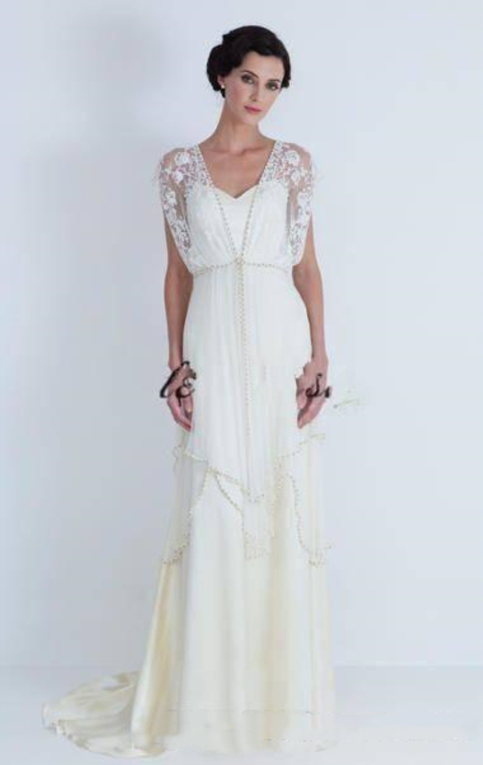 2022 Vintage Ivory Boho Beach Wedding Dresses Formal Bridal Gowns Beaded Crystals Cape Sleeves Catherine Deane Lita Modest Fairy Lace V-neck Full Leng