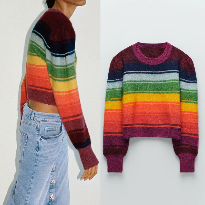 Za Rainbow Striped Cropped Knitted Sweater Women Autumn O-neck Long Puff Sleeve Casual Loose Streetwear Ladies Sweaters 201017, White;black
Za Rainbow Striped Cropped Knitted Sweater Women Autumn O-neck Long Puff Sleeve Casual Loose Streetwear Ladies Sweaters 201017, White;black