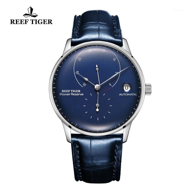 Wristwatches Reef Tiger/RT Fashion Business Watches Mens Stainless Steel Automatic Watch Blue Dial Leather Strap Waterproof RGA82B0-21, Rga82b0-2-ybb
