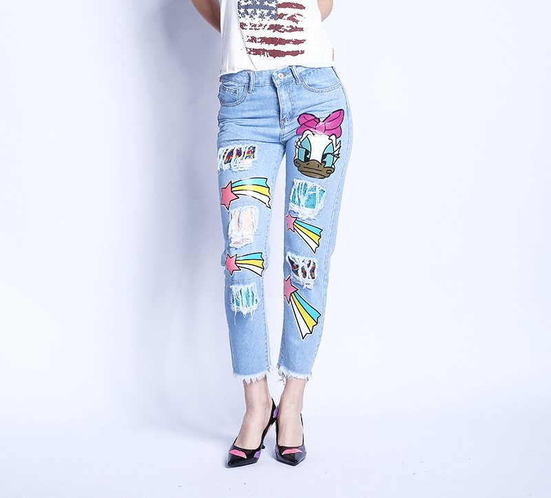 GoneGoing S-XL New Hot Sale Women High Waisted Jeans Cartoon Sequins Blue Kwaii Pencil Denim Pants 0521 201030