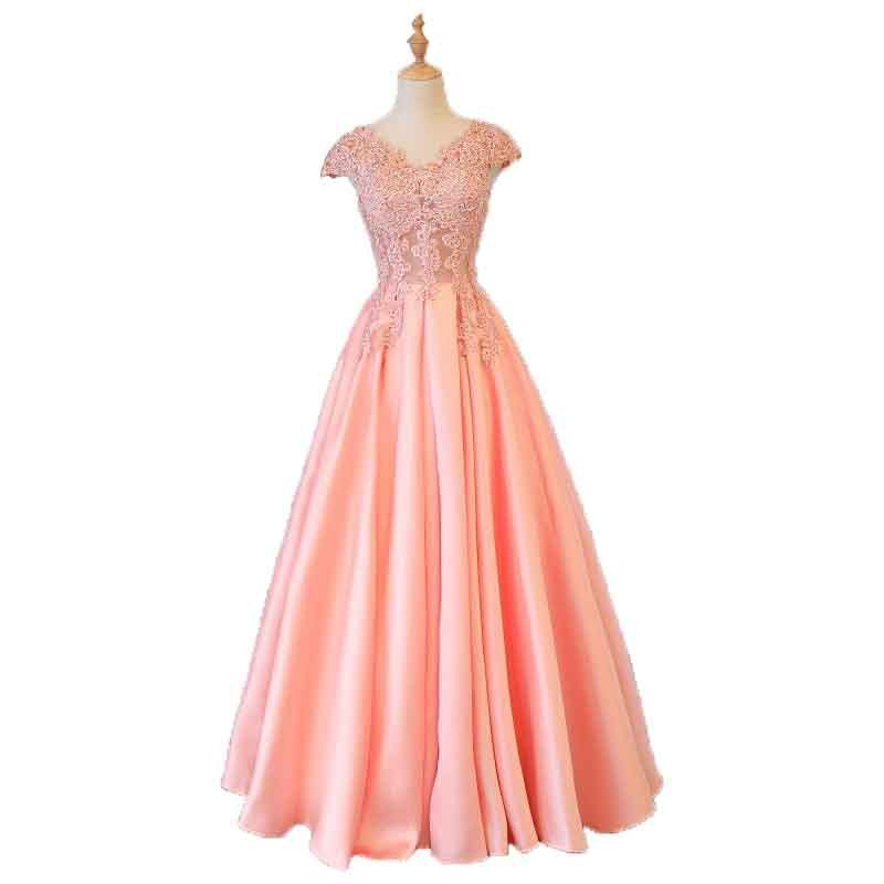 Beauty Emily Gorgeous Long Lace Appliques Pink Evening Dresses V Neck Sleeveless Pleated Prom Gown For Ceremony Party Dress 201114