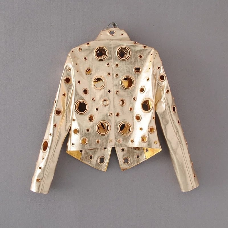 Spring Personality PU Round Hole Women Jacket Gold Black Silver Color Stand Collar Long Sleeve Coat Leather Clothing Top 201026