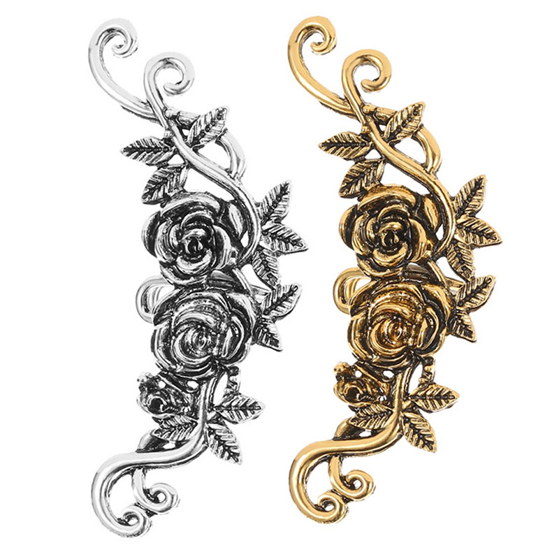 Ethnic Designer Ear Cuff Antique Gold Silver Carved Rose Flower Ear Cuffs Clip On Earring for Women No Piercing Helix Ear Jewelry Ladies Temperament E
