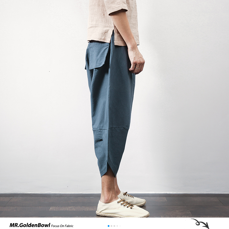 Sinicism Store Cotton Linen Mens Harem Pants Summer Male Casual Calf-Length Pants Solid Big Pocket Baggy Pants Trousers 201027