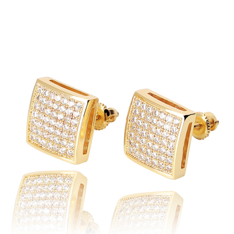 Hip Hop Stud Earrings Square Screw Back White Zircon Dangle Earrings Gold Plated Vintage Geometric Jewelry Wholesale