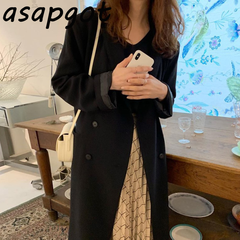 Slim Vintage Autumn Winter Lapel Double-breasted Loose Khaki Long Trench Coat Women Jacket Casual Street Elegant Pockets 201031