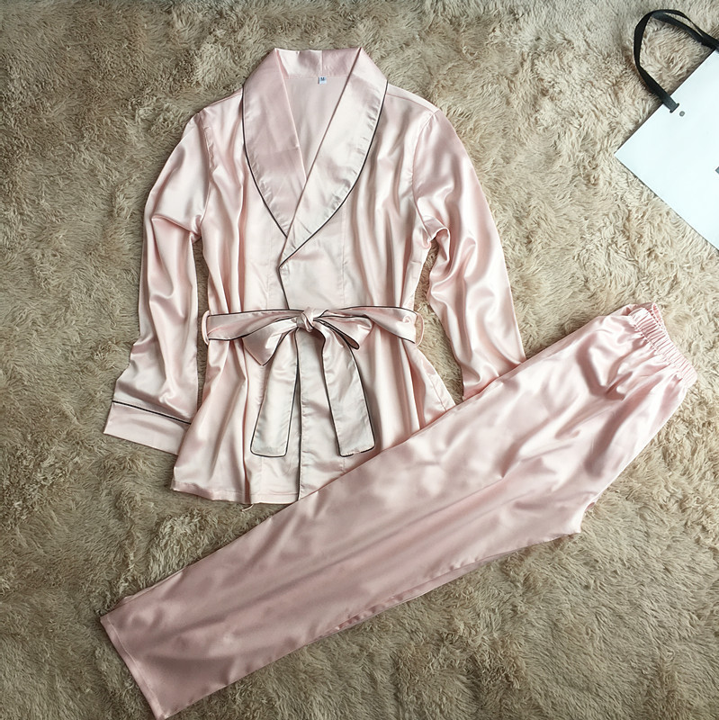 Daeyard High Grade Silk Satin Women Pajama Set Long Sleeve Robe And Pants Female Autumn Bathrobe Suit Elegant Sleepwear Homewear 201113