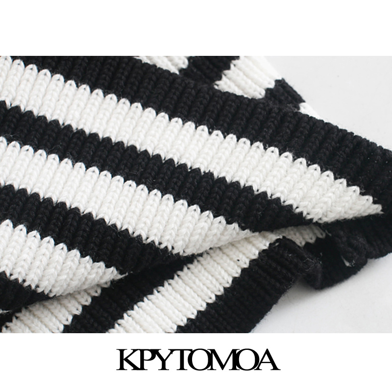 KPYTOMOA Women Fashion Striped Cropped Knitted Sweater Vintage V Neck Lantern Sleeve Female Pullovers Chic Tops 201017