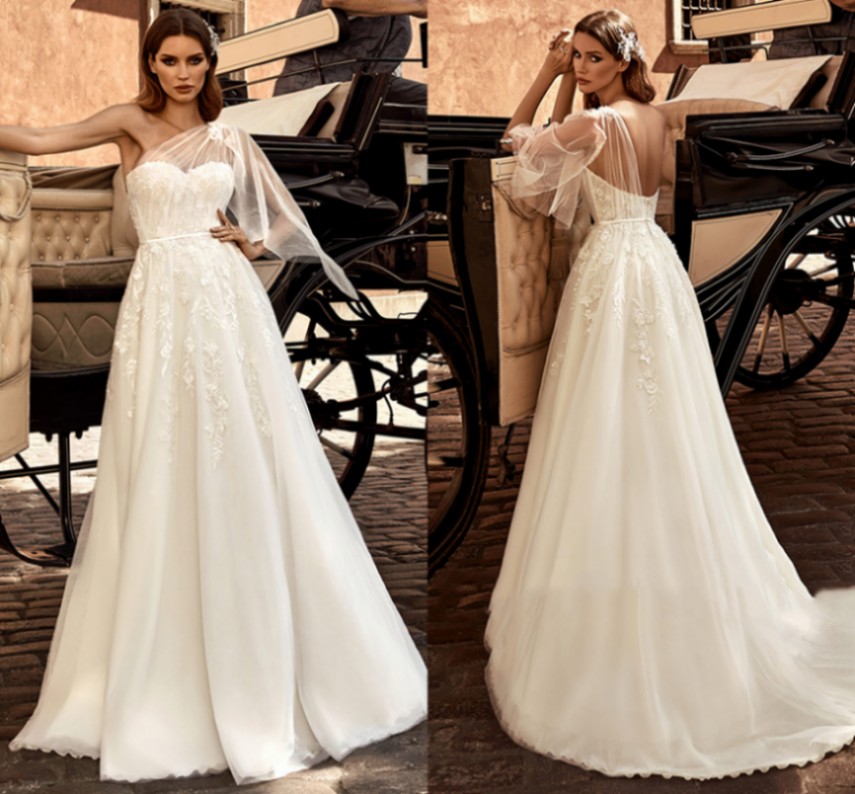 New One Shoulder Lace Wedding Dresses A Line Sweetheart Bride Dress Backless Beach Boho Wedding Gowns Vestido De Mariee