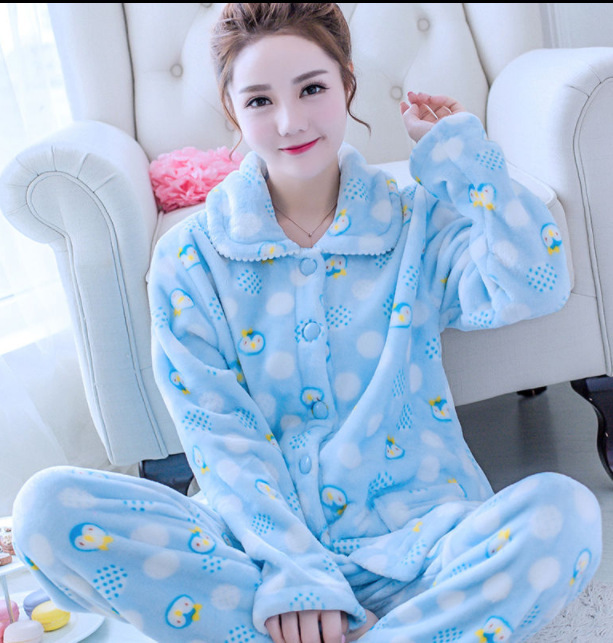 Casual Flannel 2PCS Sleep Set Pijamas Lady Pajamas Suit Sleepwear Homewear Coral Fleece Winter Warm Nightwear Home Clothing 210203