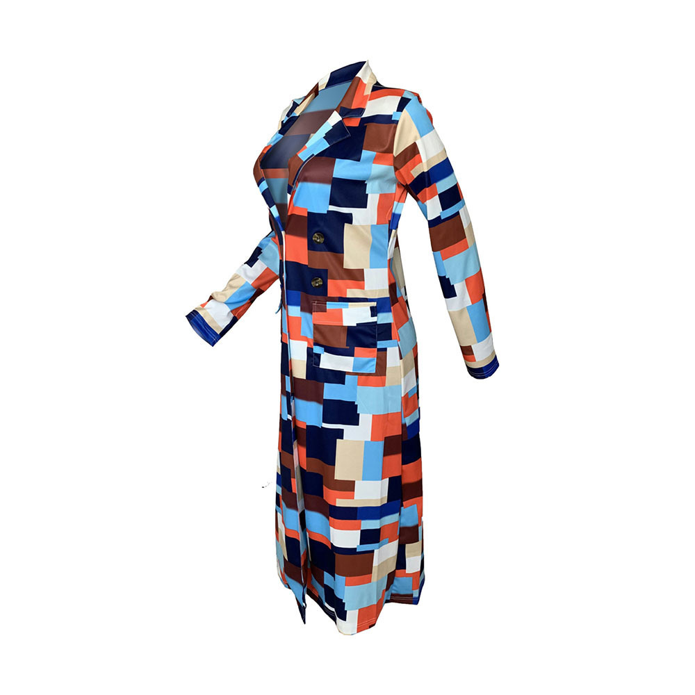 Color Block Plaid Long Trench Coat for Women Plus Size Fashion Casual Office Ladies Work Autumn Double Breasted Outwear Sale 201030