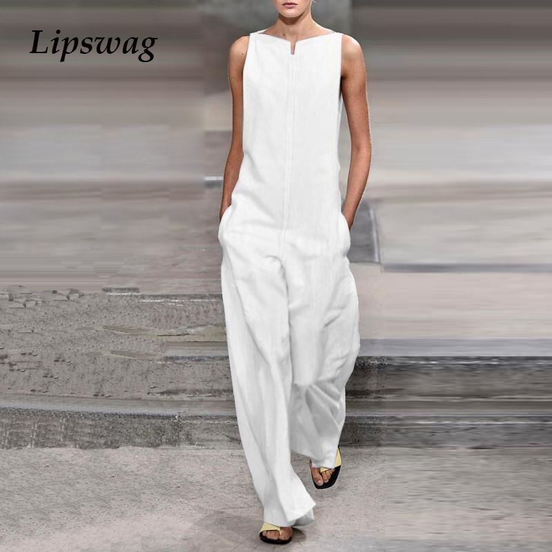 Lipswag Women Elegant Solid Loose Jumpsuit Summer Fashion Sleeveless Jumpsuit Rompers Ladies Sreetwear Pockets Overalls Playsuit T200107