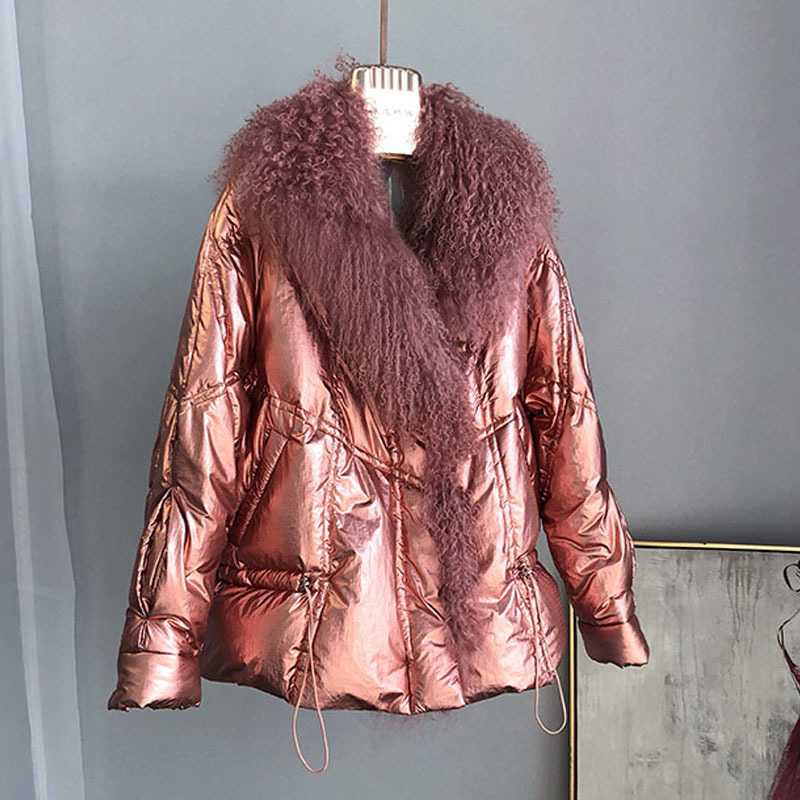 Large Real Fur Collar 2019 Winter Jacket Women 90% White Duck Down Coats Short Loose Parkas Outerwear Waterproof Glossy Jackets T200107