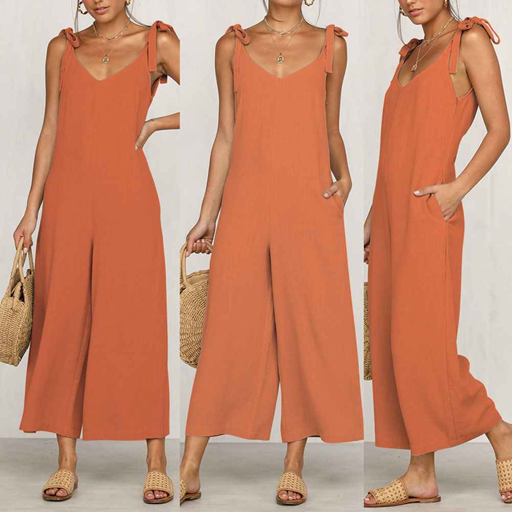 Sexy Solid Backless jumpsuits women V neck spaghetti strap long overalls Summer beach loose female jumpsuit 2019 T200303