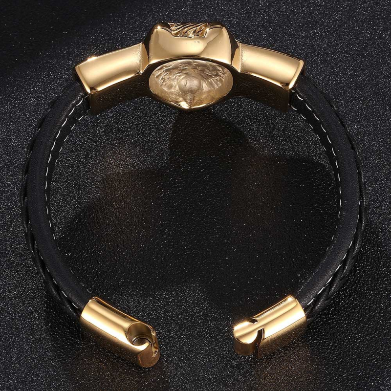 Hip Hop Men Jewelry Gold Plated Stainless Steel Lion Head Charm Leather Bracelet with Buckle