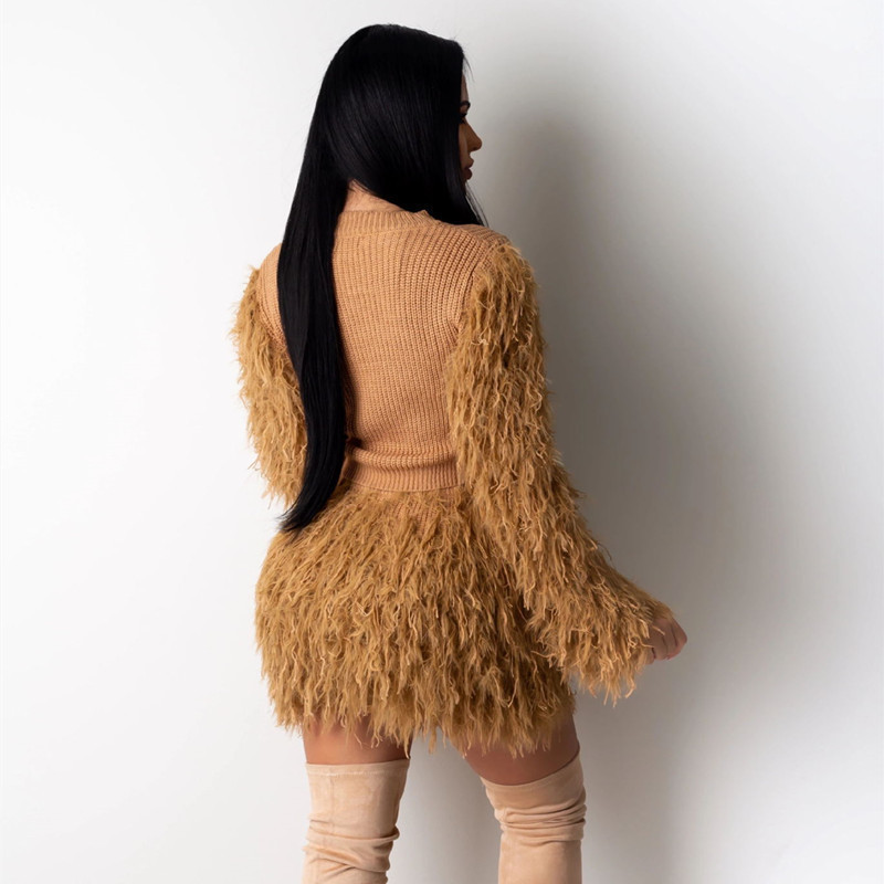 ANJAMANOR Winter Fashion Sweater Tassel Fluffy 2 Piece Set Women Ladies Sexy Outfits for Parties Club Wear Matching Sets D40BZ75 T200325