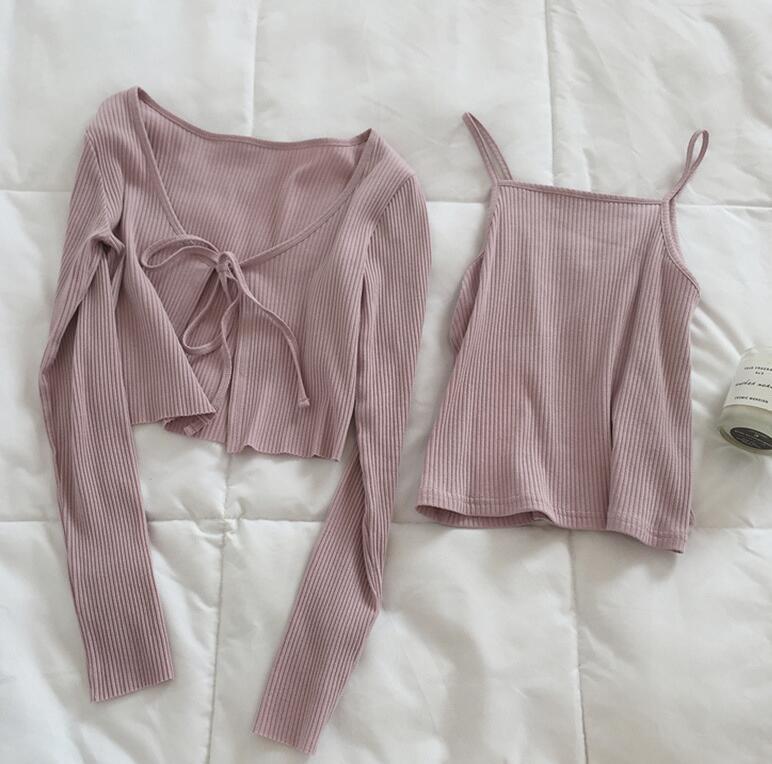 Joinyouth Womens Cardigan Two Pieces Sets Knitted Sweater Korean Clothing Lace Up Cardigans Thin Slim Crop Tops Pullover 201111