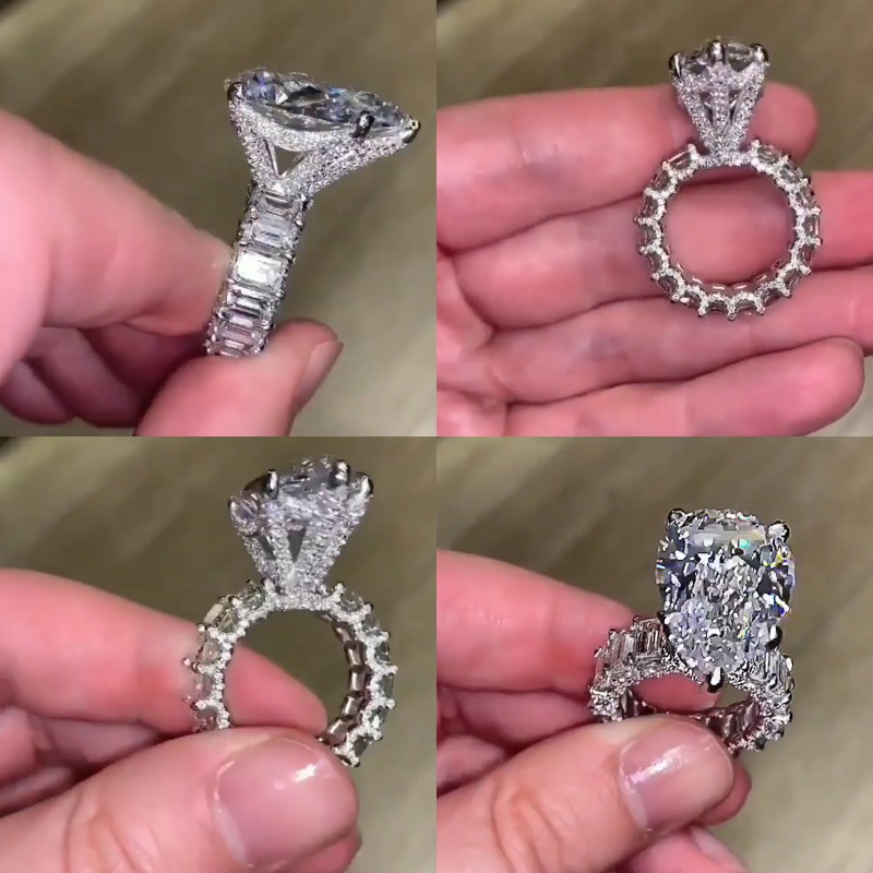 10CT Big Diamond Ring Vintage Jewelry 925 Sterling Silver Unique Cocktail Pear Cut White Topaz Gemstones Wedding Engagement Band R