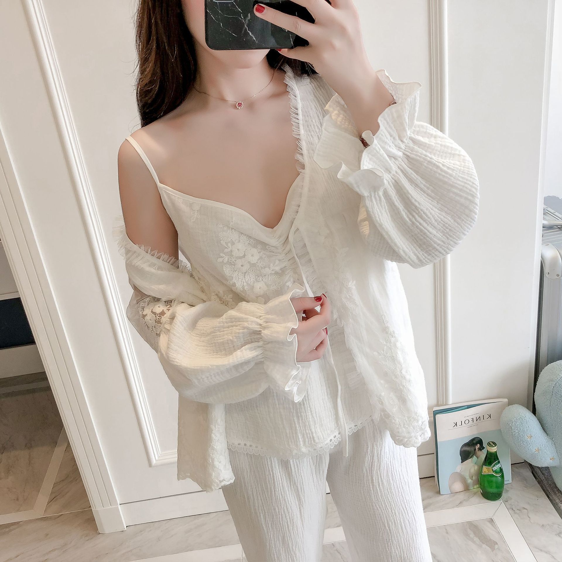 Pajamas Women Pajamas Set 3 pcs Cotton Lace Pajamas set Long sleeve Sleepwear White Pink Green Pruple 201027wtt