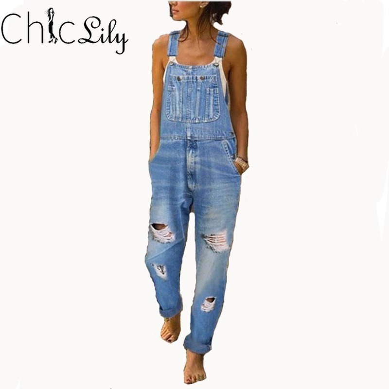 Chiclily Women Denim Jumpsuits Ripped Slim Overalls Mid Waist Full Length Vintage Jeans 201105