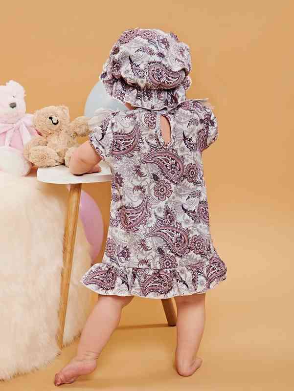 Baby Paisley Print Ruffle Trim Puff Sleeve Smock Dress & Hat SHE