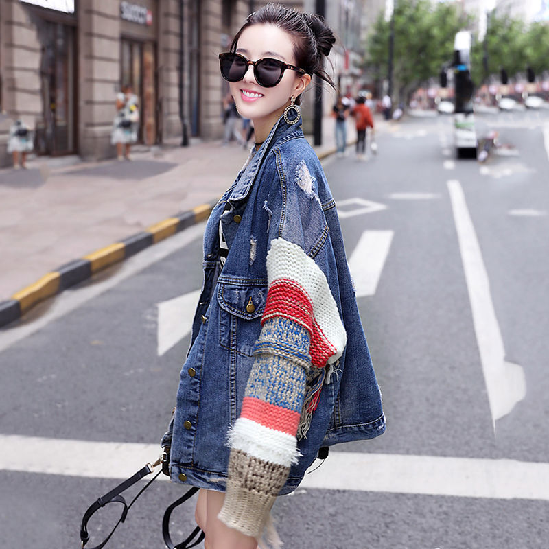Denim outerwear women's spring and Autumn New Women's loose Korean student splicing medium long denim RO28 201017