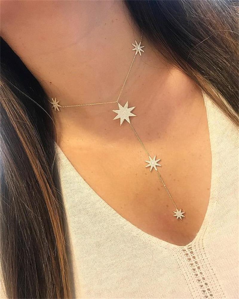 micro pave cz sparking star north star charm long women chain necklace Y lariat summer sexy women fashion star design jewelry
