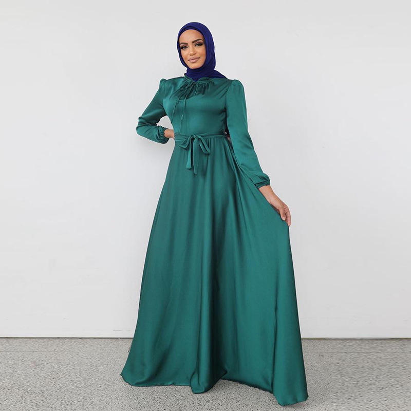 Solid Color Satin Long Dresses for Women Muslim New Fashion Saudi Turkey Robe Arabe Islam Clothing(The logistics price Pls Contact us)