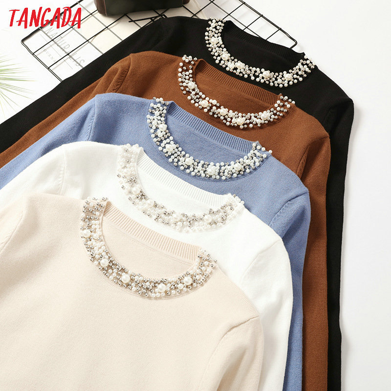 Tangada Autumn Winter Women Beaded Neck Sweater casaco feminino elegant lady sweater Jumper Casual Warm pull femme AQX11 201130