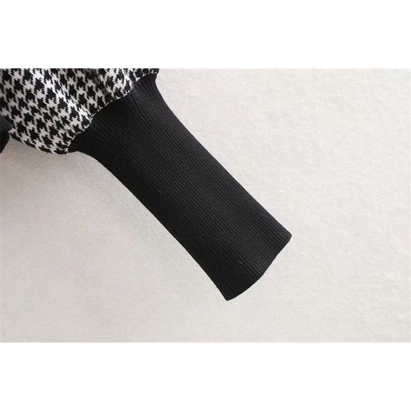 women vintage houndstooth pattern puff sleeve casual sweater ladies basic o neck knitted pullover autumn chic tops S163 201221