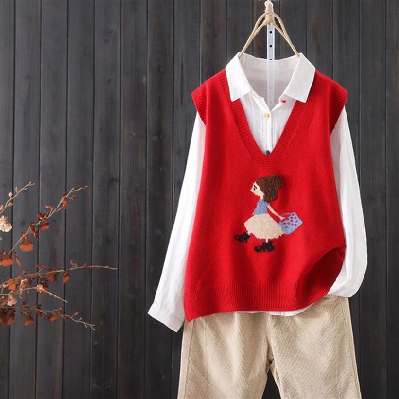 Loose V-neck Knitted Sweater Vest Female Cartoon Embroidery Pattern Sleeveless Simple Commuter Fashion Sweater Vest Women Spring 201221