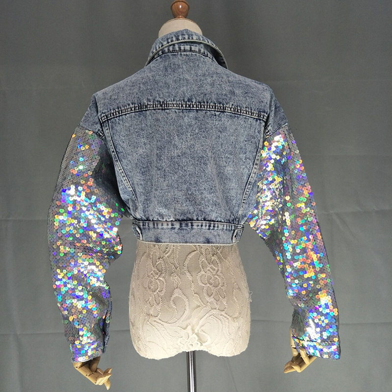 Fashion Denim Jacket Handmade Sequins Women's Jeans Slim Short Jeans Jacket Shimmer Spliced Jeans Coat Casual Girls Outwear 201017