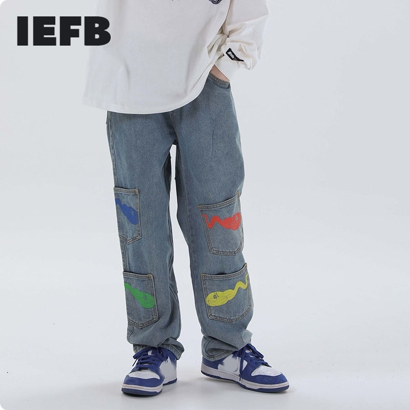 IEFB men's wear hip hop black jeans fashion Male's tadpole printed multipocket casual denim pants high street 9Y3235 201111