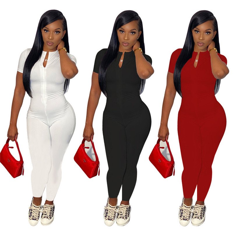 Wholesale Jumpsuits Summer Women rompers Short Sleeve Jumper Suit Solid Zipper bodycon bodysuits Casual Solid Skinny leggings Black Overalls Bulk 5710