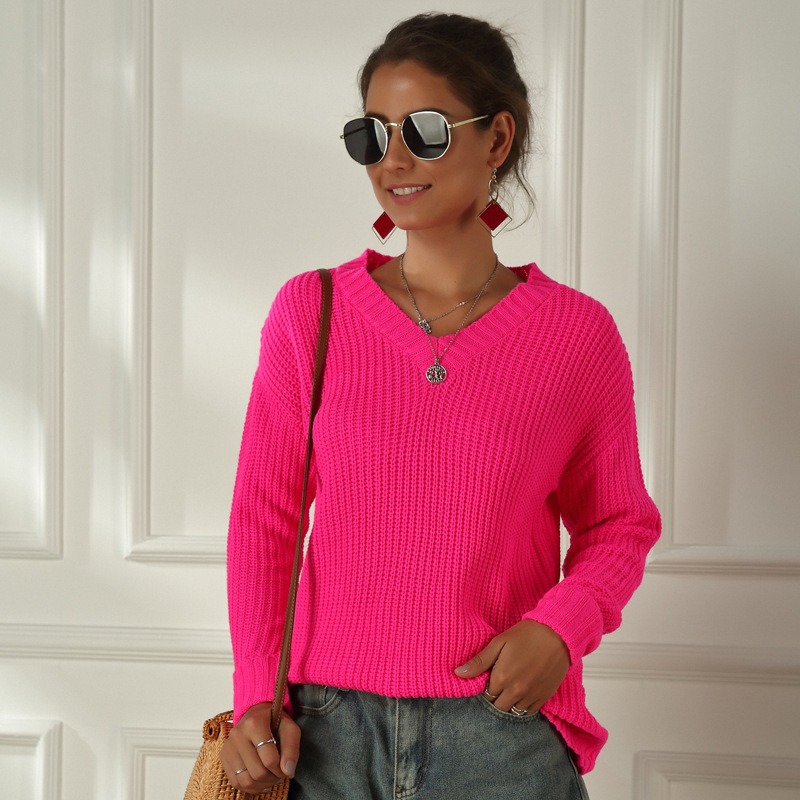 Neon Sweater Women Knitting Green Fuchsia Pink Solid V-Neck Pullovers Long Casual Loose Acrylic Knit Shirts Female Jumper Tops 201224