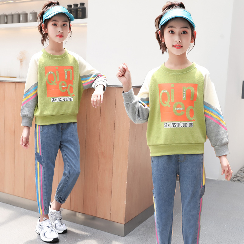 Children Clothing 3-12 Year 2020 Autumn Winter Teens Girls Clothes Top+Jeans2pcs Outfit Kids Sports Suit For Girls Clothing SetsX1019